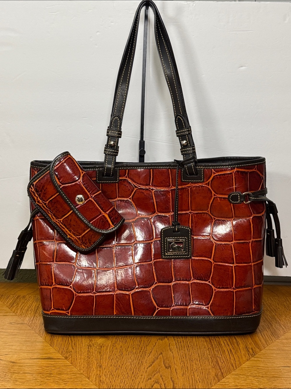 Dooney & Bourke Leather Croc Embossed Double Strap Tassel Bag
